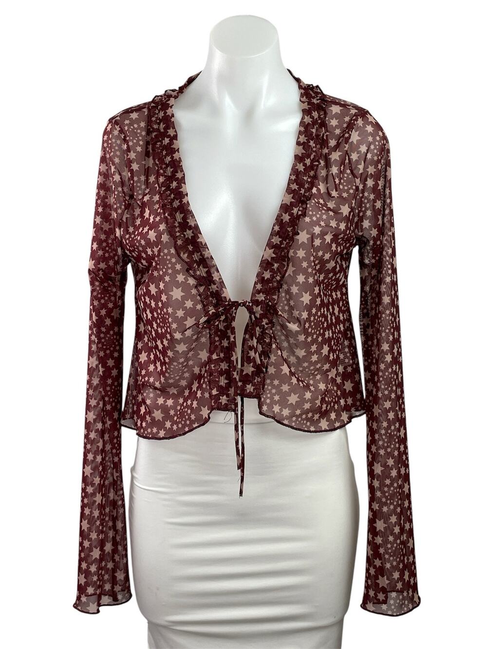 Free People Marne Purple Mesh Sheer Star Ruffles Long Sleeve Crop Cardigan Top M